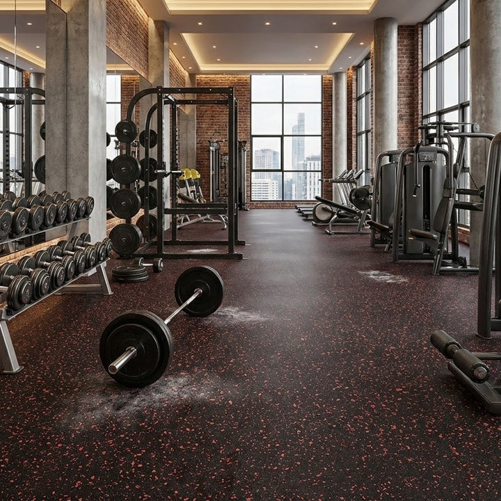 Premium 8mm High-Performance Rubber Gym Flooring with Red Flecks – Durable, Slip-Resistant, and Noise-Reducing Full Roll Coverage