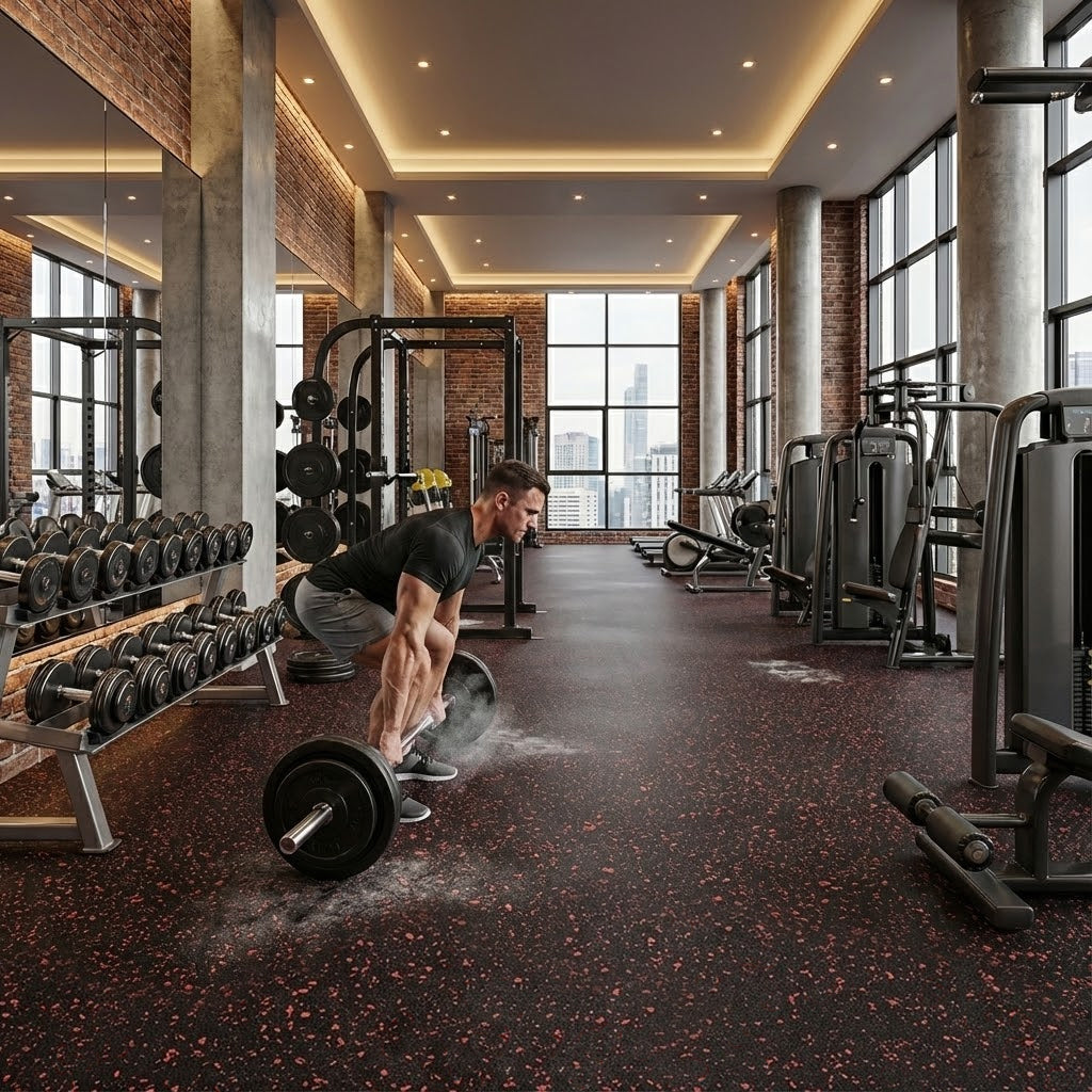 Premium 8mm High-Performance Rubber Gym Flooring with Red Flecks – Durable, Slip-Resistant, and Noise-Reducing Full Roll Coverage