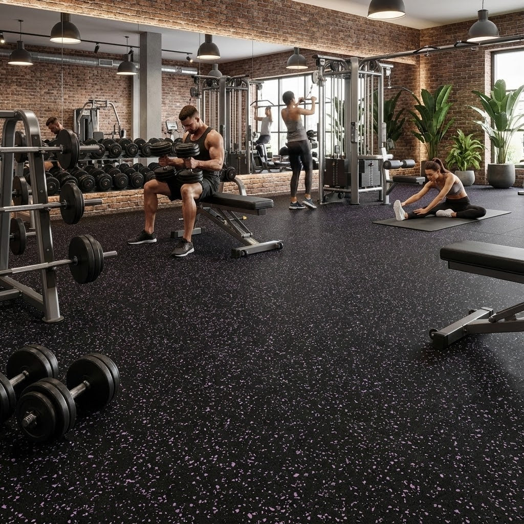 Premium 8mm Heavy Duty Rubber Gym Flooring with Black-Purple Fleck Design for Durability and Safety – Full Roll Coverage