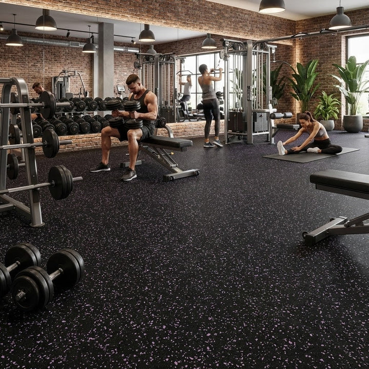 Premium 8mm Heavy Duty Rubber Gym Flooring with Black-Purple Fleck Design for Durability and Safety – Full Roll Coverage