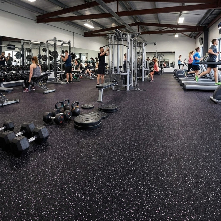 Premium 8mm Heavy Duty Rubber Gym Flooring with Black-Purple Fleck Design for Durability and Safety – Full Roll Coverage